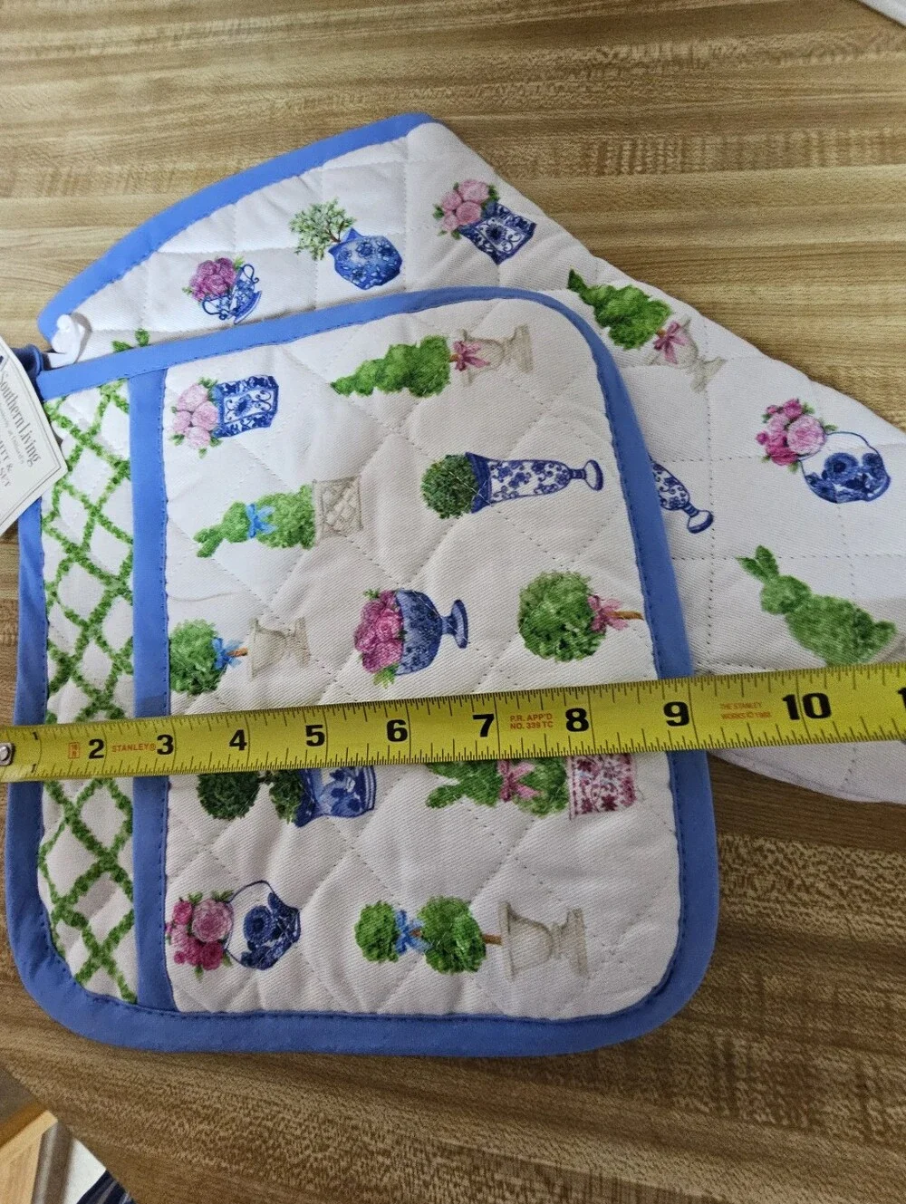 Southern Living Bunny Topiary Oven Mitt Pot Holder Set Chinoiserie Easter Blue